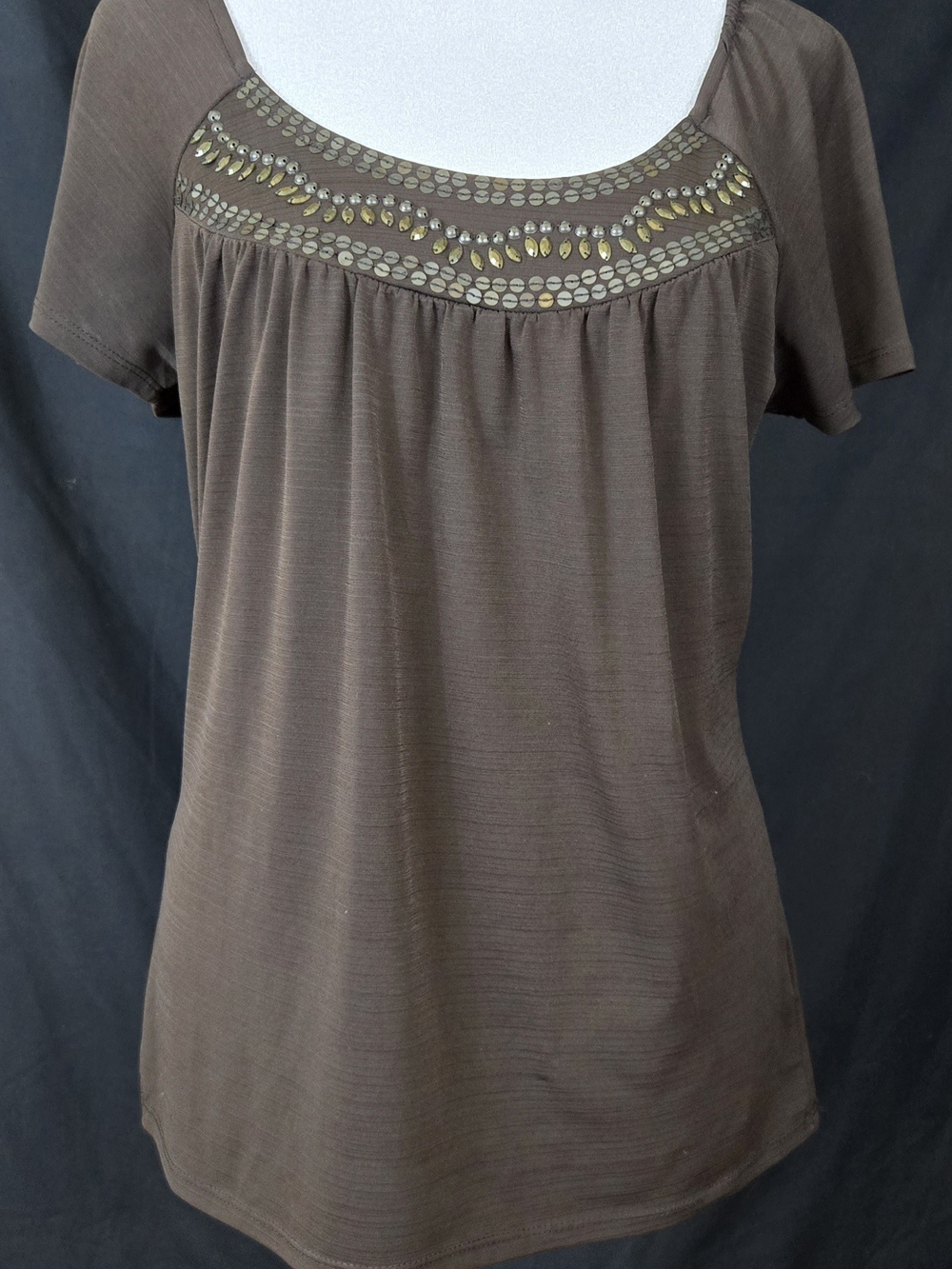 Iei Brown Embellished Scoop Neck Women's Top#715